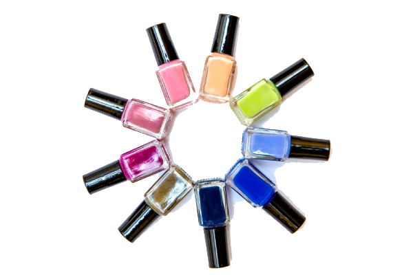 Coloured nail polish bottles stacked circle on a white background